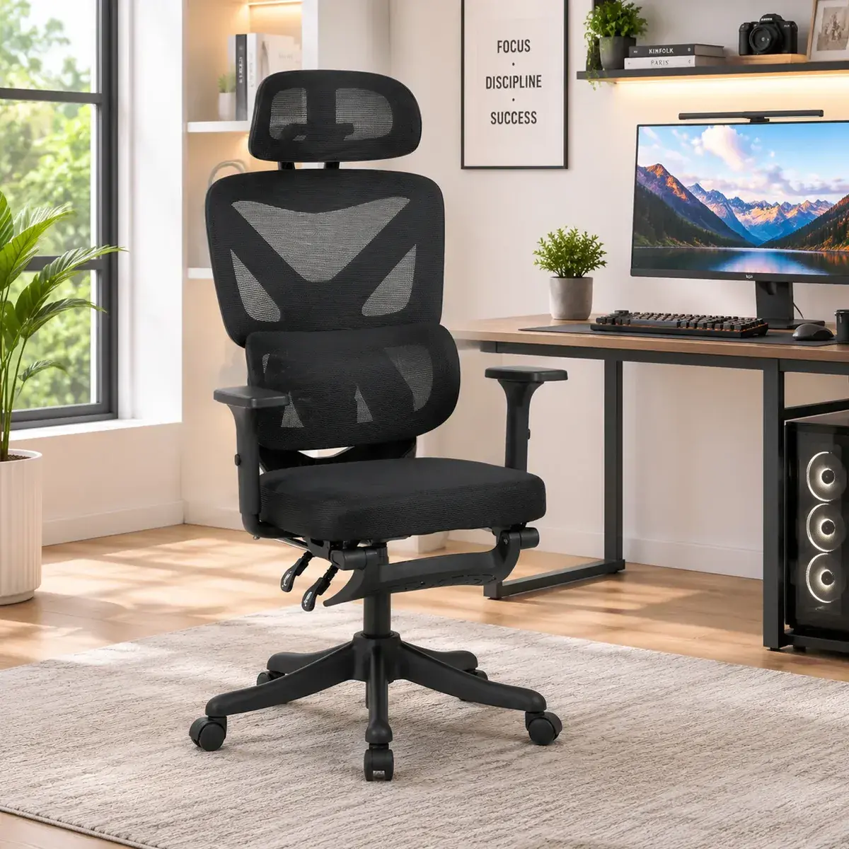 Silla ergonómica de malla con apoyabrazos multidireccionales y reposacabezas