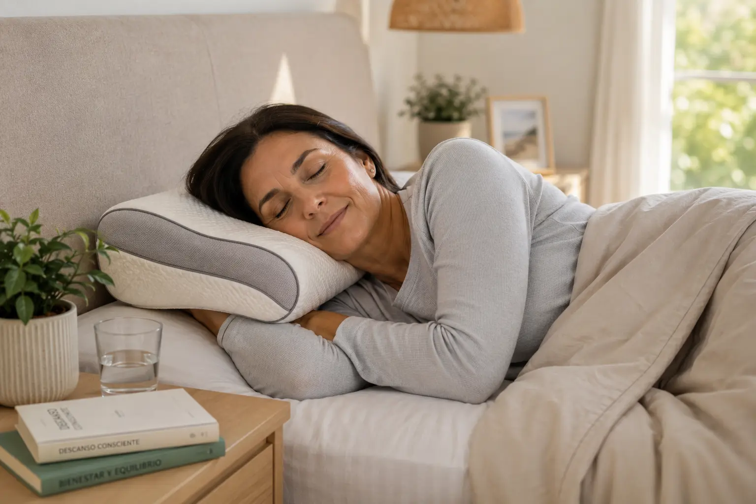 Mujer descansando de lado en una posición cómoda para cuidar su columna