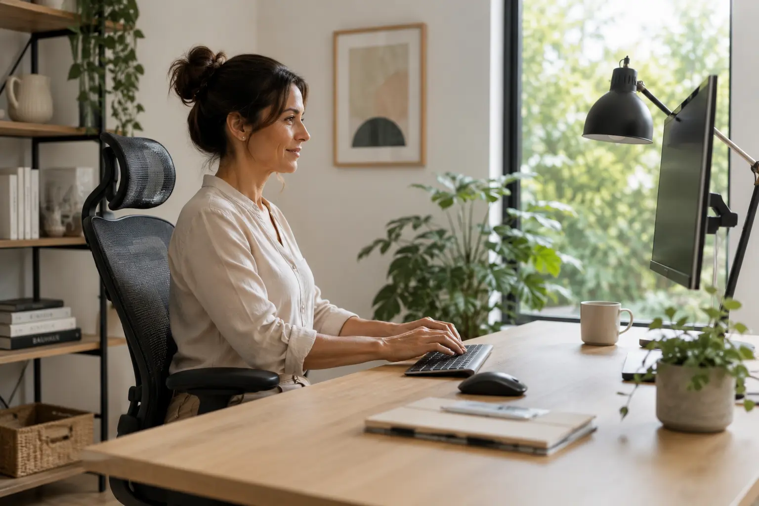 Mujer trabajando en un espacio ergonómico y cómodo