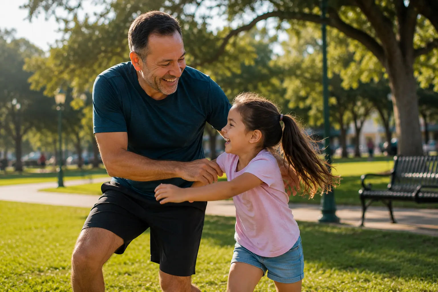 Hombre disfrutando su libertad de movimiento mientras juega con su nieta en el parque