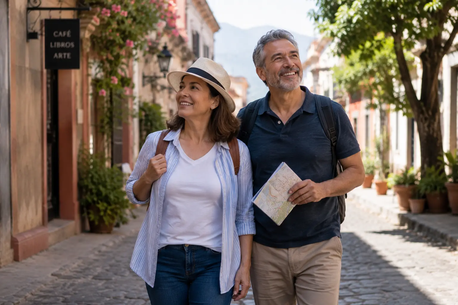 Pareja mayor de 50 años viajando y disfrutando una vida activa con libertad de movimiento