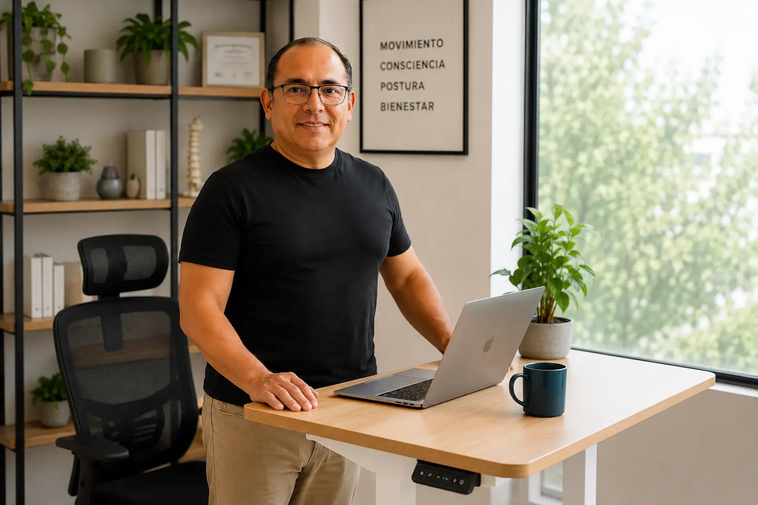 Manuel Gracida, quiropráctico, junto a escritorio elevable ergonómico